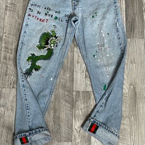 Custom DIY dragon washed Vtg jeans size 31/2
